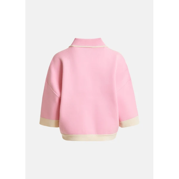 Essentiel Antwerp Pink knit cardigan with flower buttons and off-white contrasting trims, view 2