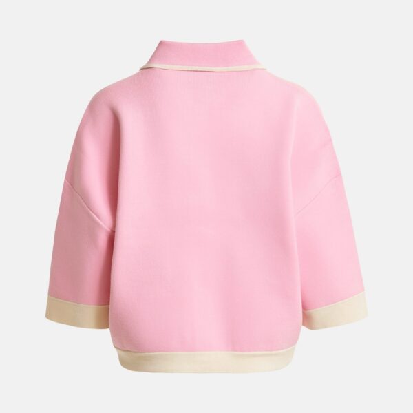 Essentiel Antwerp Pink knit cardigan with flower buttons and off-white contrasting trims - Essentiel Antwerp Knitwear - Colorful Belgian Design - Shop at Coveti