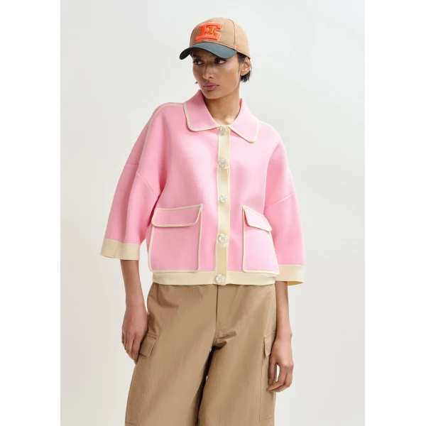 Essentiel Antwerp Pink knit cardigan with flower buttons and off-white contrasting trims, view 3