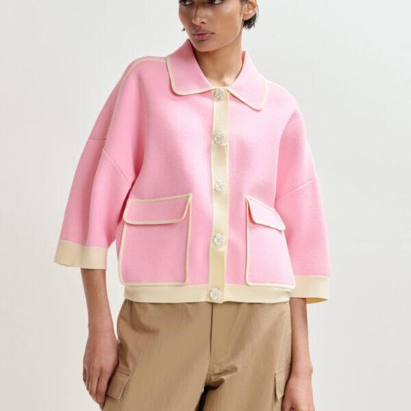 Essentiel Antwerp Pink knit cardigan with flower buttons and off-white contrasting trims - Essentiel Antwerp Knitwear - Colorful Belgian Design - Shop at Coveti