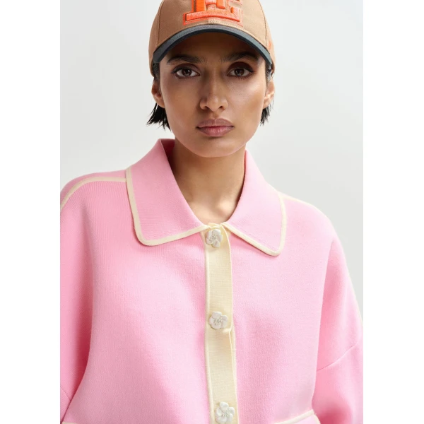 Essentiel Antwerp Pink knit cardigan with flower buttons and off-white contrasting trims, view 4