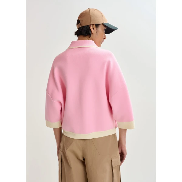 Essentiel Antwerp Pink knit cardigan with flower buttons and off-white contrasting trims, view 5