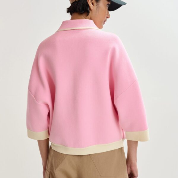 Essentiel Antwerp Pink knit cardigan with flower buttons and off-white contrasting trims - Essentiel Antwerp Knitwear - Colorful Belgian Design - Shop at Coveti