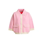 Essentiel Antwerp Pink knit cardigan with flower buttons and off-white contrasting trims - Essentiel Antwerp Knitwear - Colorful Belgian Design - Shop at Coveti
