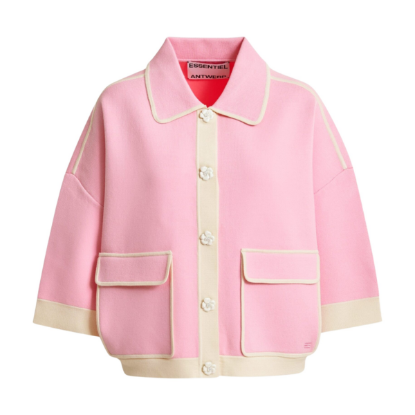 Essentiel Antwerp Pink knit cardigan with flower buttons and off-white contrasting trims - Essentiel Antwerp Knitwear - Colorful Belgian Design - Shop at Coveti