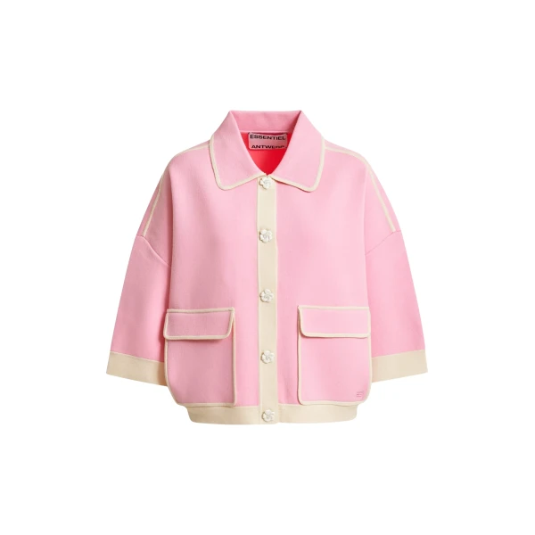 Essentiel Antwerp Pink knit cardigan with flower buttons and off-white contrasting trims - Essentiel Antwerp Knitwear - Colorful Belgian Design - Shop at Coveti