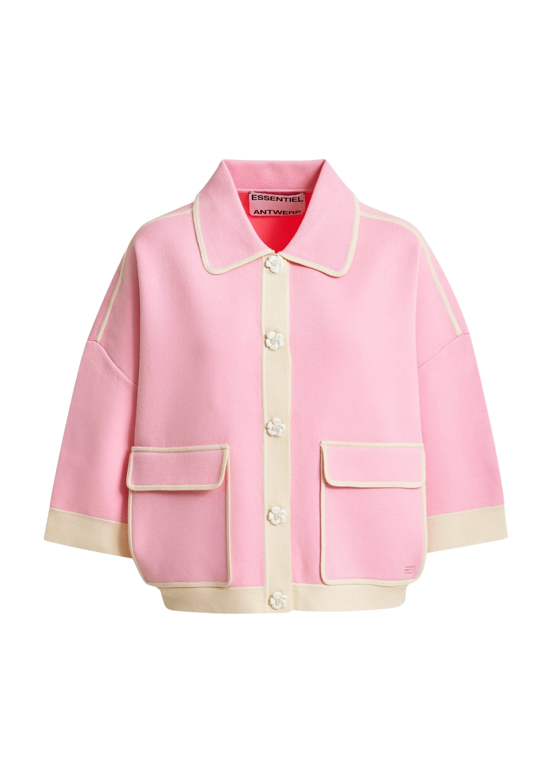 Pink-knit-cardigan-with-flower-buttons-and-off-white-contrasting-trims-Essentiel-Antwerp-Knitwear-scaled90090_nobg Essentiel Antwerp Pink knit cardigan with flower buttons and off-white contrasting trims - Essentiel Antwerp Knitwear - Colorful Belgian Design - Shop at Coveti