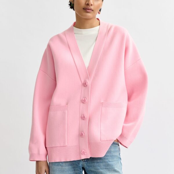 Essentiel Antwerp Pink knit cardigan with tonal flower buttons - Essentiel Antwerp Knitwear - Colorful Belgian Design - Shop at Coveti