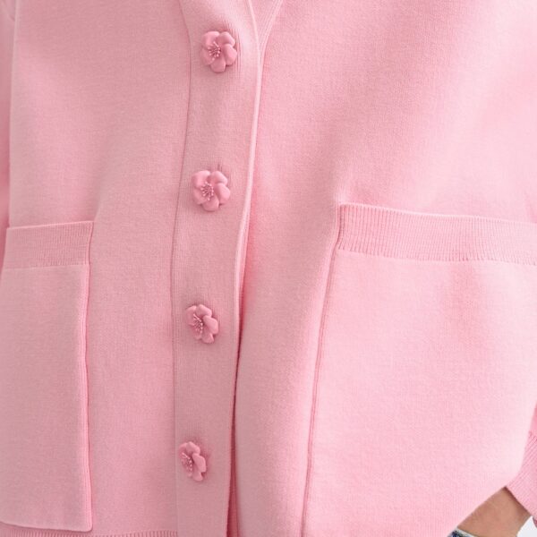 Essentiel Antwerp Pink knit cardigan with tonal flower buttons - Essentiel Antwerp Knitwear - Colorful Belgian Design - Shop at Coveti