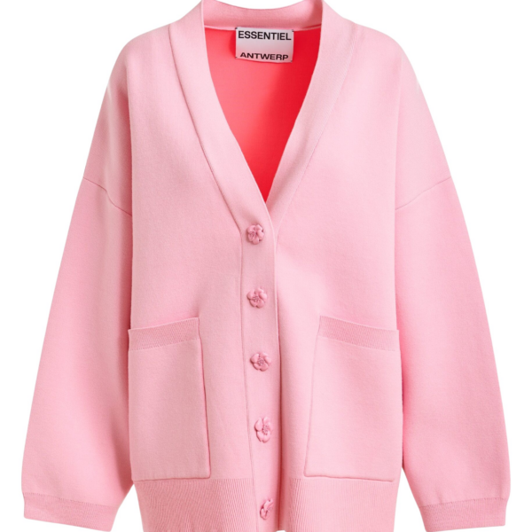 Essentiel Antwerp Pink knit cardigan with tonal flower buttons - Essentiel Antwerp Knitwear - Colorful Belgian Design - Shop at Coveti