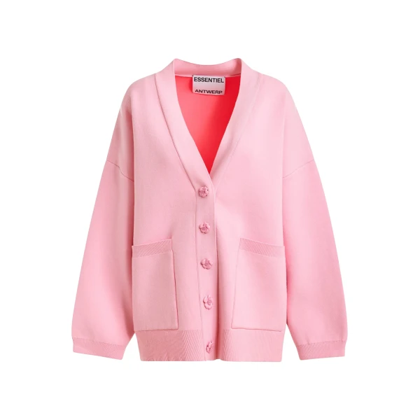 Essentiel Antwerp Pink knit cardigan with tonal flower buttons - Essentiel Antwerp Knitwear - Colorful Belgian Design - Shop at Coveti