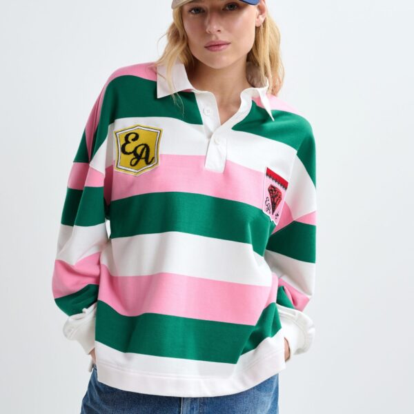 off-white and dark green striped cotton-blend polo with appliqué patches - Essentiel Antwerp Tops - Colorful Belgian Design - Shop at Coveti