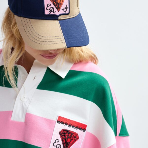 off-white and dark green striped cotton-blend polo with appliqué patches - Essentiel Antwerp Tops - Colorful Belgian Design - Shop at Coveti