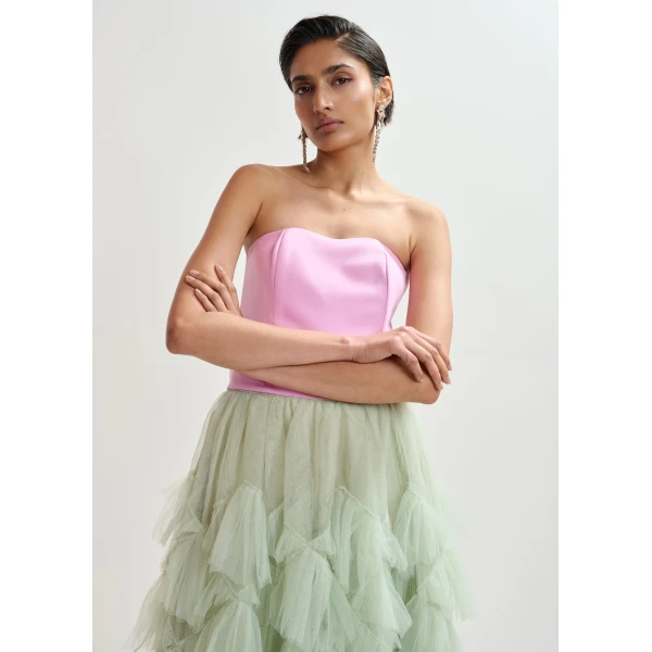 Essentiel Antwerp Pink sculpted bustier top with smocked back, view 2