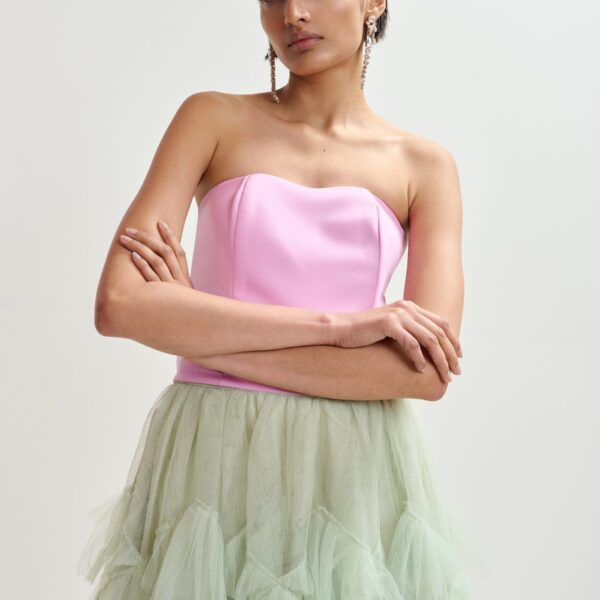 Essentiel Antwerp Pink sculpted bustier top with smocked back - Essentiel Antwerp Tops - Colorful Belgian Design - Shop at Coveti