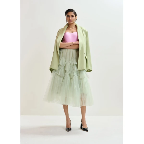 Essentiel Antwerp Pink sculpted bustier top with smocked back, view 5