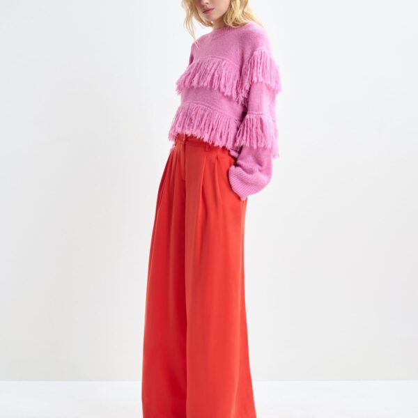 Essentiel Antwerp Pink sweater with fringe details - Essentiel Antwerp Knitwear - Colorful Belgian Design - Shop at Coveti