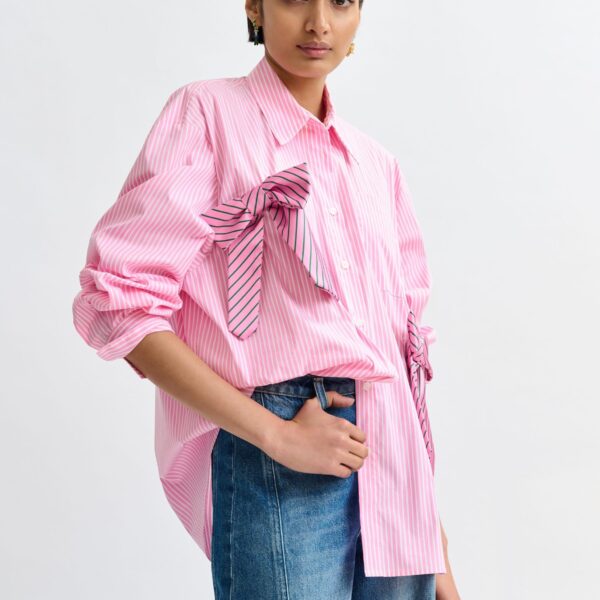 white and green striped oversized cotton shirt with tie bows - Essentiel Antwerp Shirts - Colorful Belgian Design - Shop at Coveti