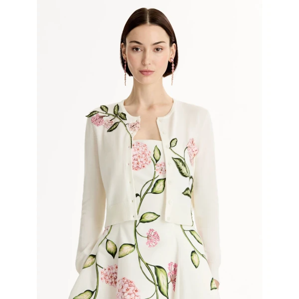 Oscar de la Renta Porcelain Flower Threadwork Cropped Cardigan - Oscar de la Renta Knitwear - American Couture - Shop at Coveti