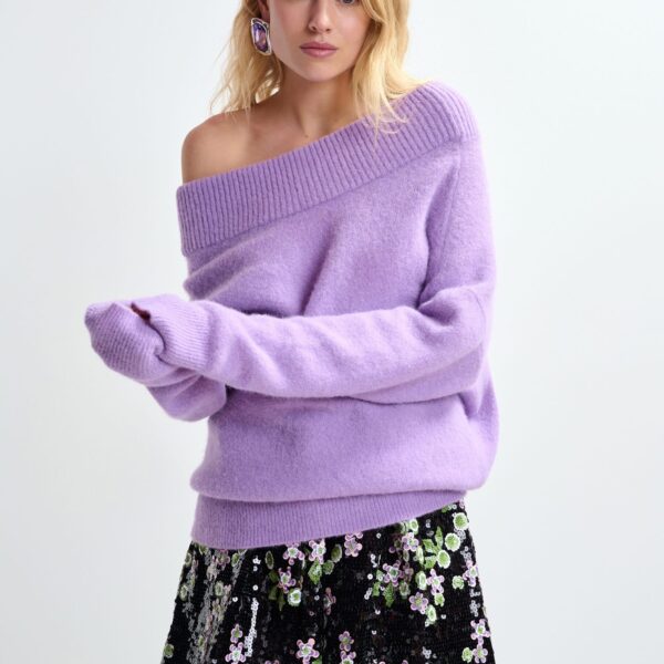 Essentiel Antwerp Purple alpaca wool-blend off-shoulder knit sweater - Essentiel Antwerp Knitwear - Colorful Belgian Design - Shop at Coveti