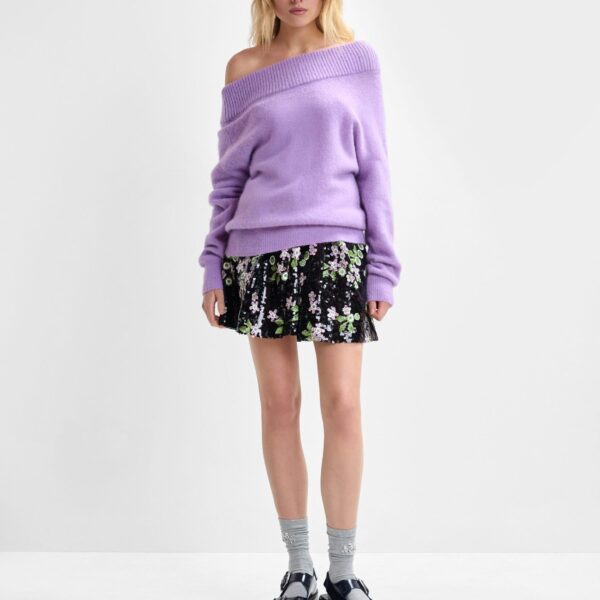 Essentiel Antwerp Purple alpaca wool-blend off-shoulder knit sweater - Essentiel Antwerp Knitwear - Colorful Belgian Design - Shop at Coveti