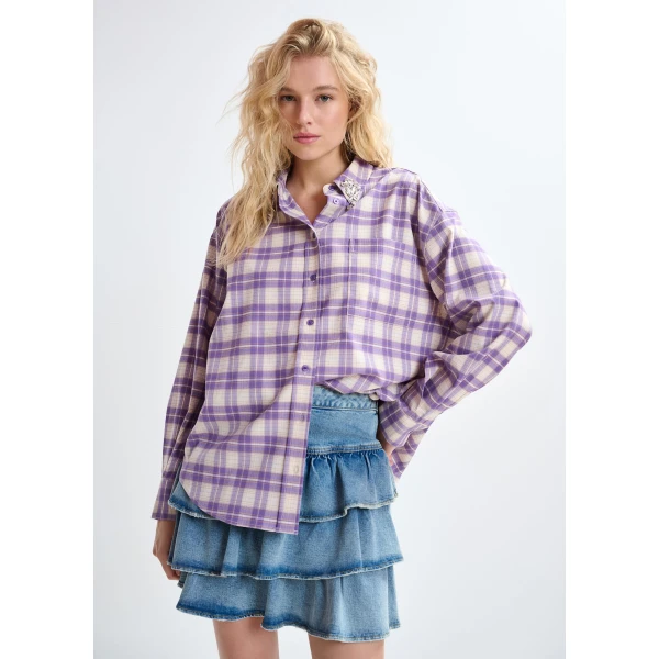 Essentiel Antwerp Purple and beige checked flannel shirt with rhinestone-embellished collar, view 2