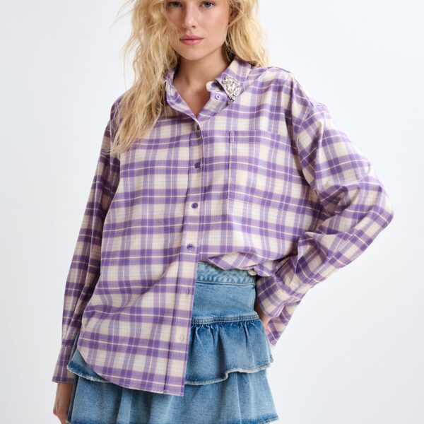 Essentiel Antwerp Purple and beige checked flannel shirt with rhinestone-embellished collar - Essentiel Antwerp Shirts - Colorful Belgian Design - Shop at Coveti