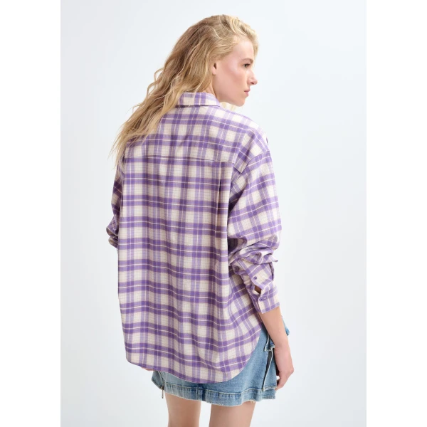 Essentiel Antwerp Purple and beige checked flannel shirt with rhinestone-embellished collar, view 3