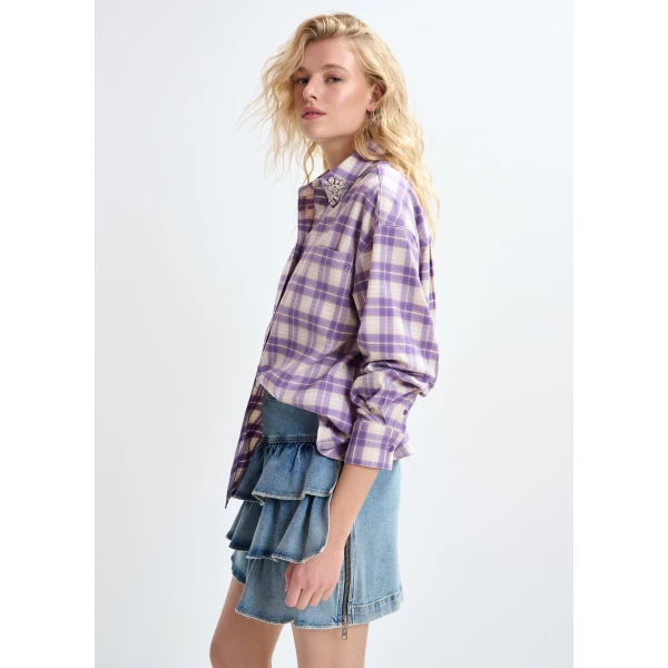 Essentiel Antwerp Purple and beige checked flannel shirt with rhinestone-embellished collar, view 4