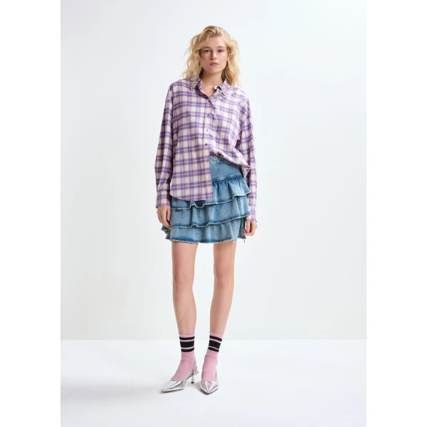 Essentiel Antwerp Purple and beige checked flannel shirt with rhinestone-embellished collar, view 5