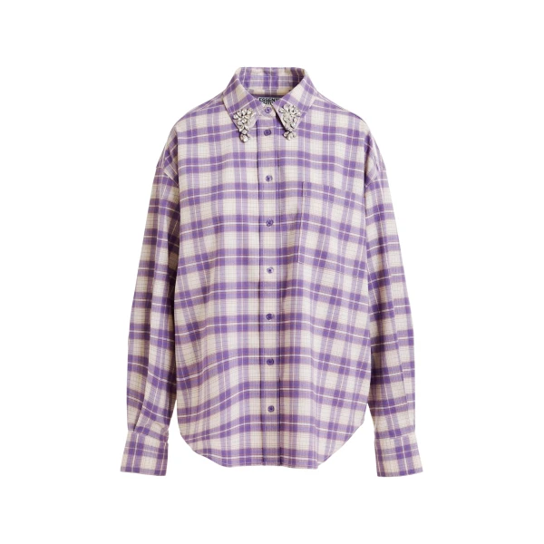Essentiel Antwerp Purple and beige checked flannel shirt with rhinestone-embellished collar - Essentiel Antwerp Shirts - Colorful Belgian Design - Shop at Coveti