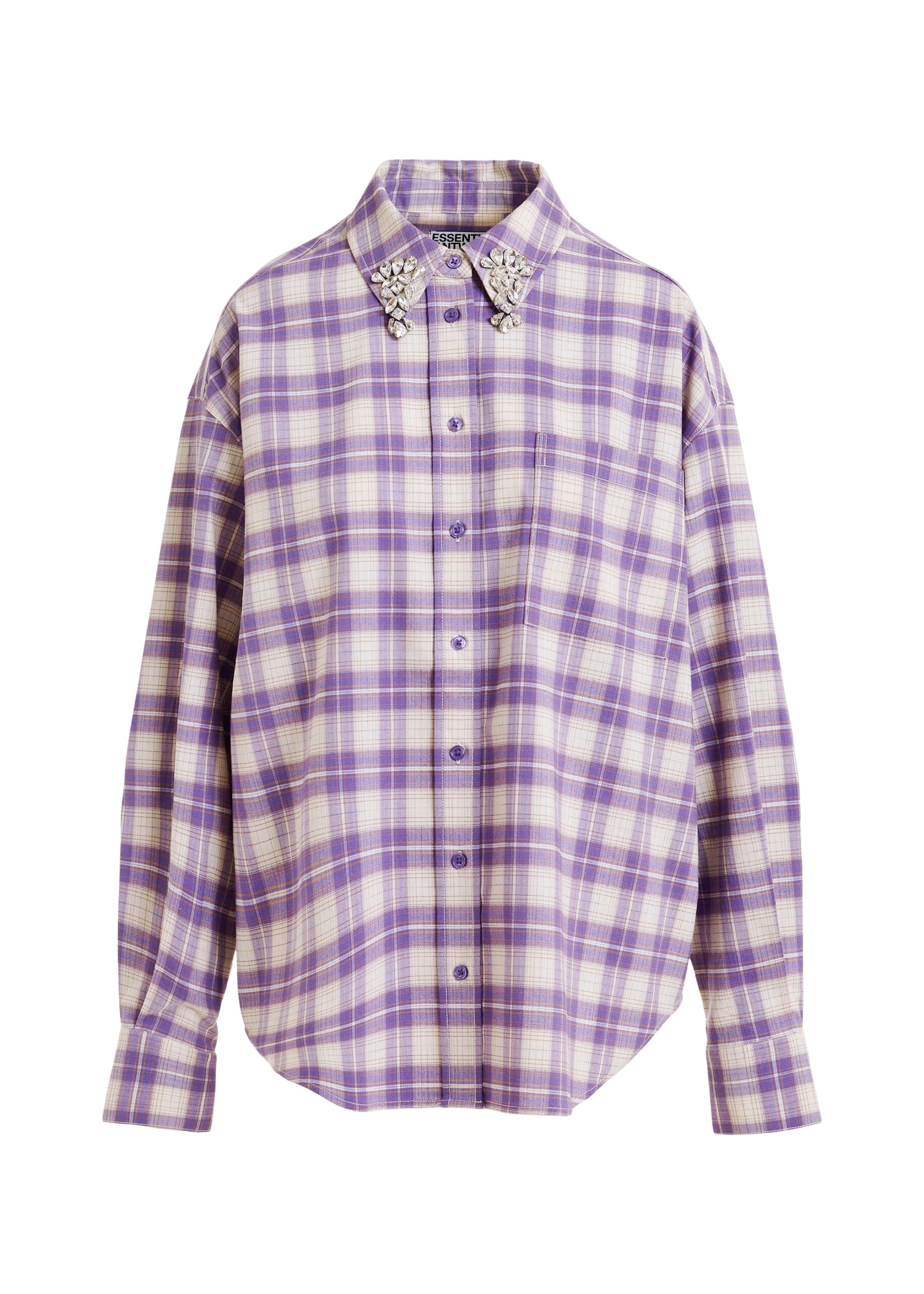Essentiel Antwerp Purple and beige checked flannel shirt with rhinestone-embellished collar - Essentiel Antwerp Shirts - Colorful Belgian Design - Shop at Coveti