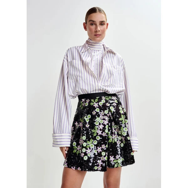 Essentiel Antwerp Purple and off-white oversized shirt with rhinestone embellishments and layered bib, view 3