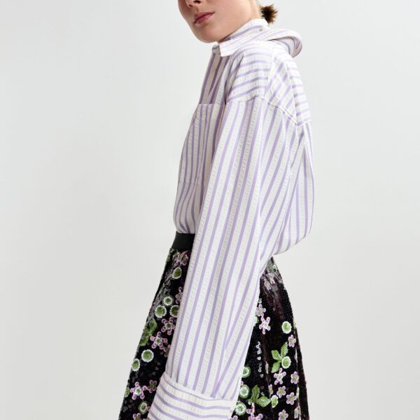 Essentiel Antwerp Purple and off-white oversized shirt with rhinestone embellishments and layered bib - Essentiel Antwerp Shirts - Colorful Belgian Design - Shop at Coveti