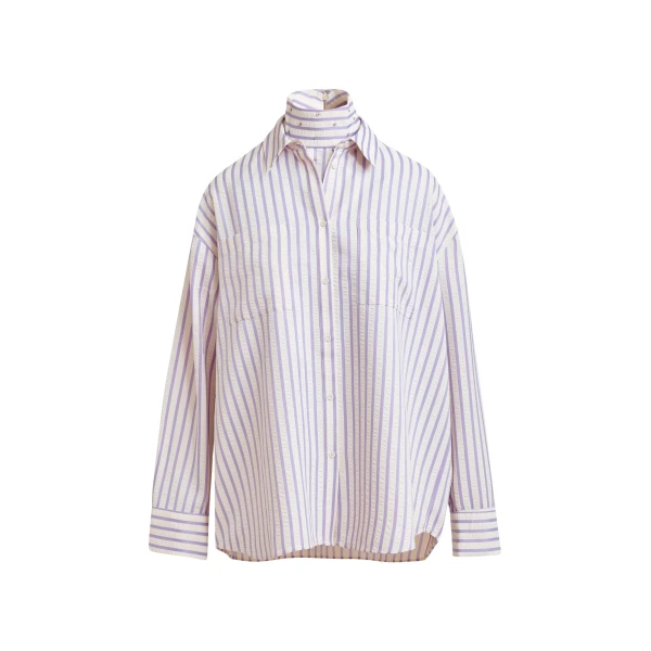 Essentiel Antwerp Purple and off-white oversized shirt with rhinestone embellishments and layered bib - Essentiel Antwerp Shirts - Colorful Belgian Design - Shop at Coveti