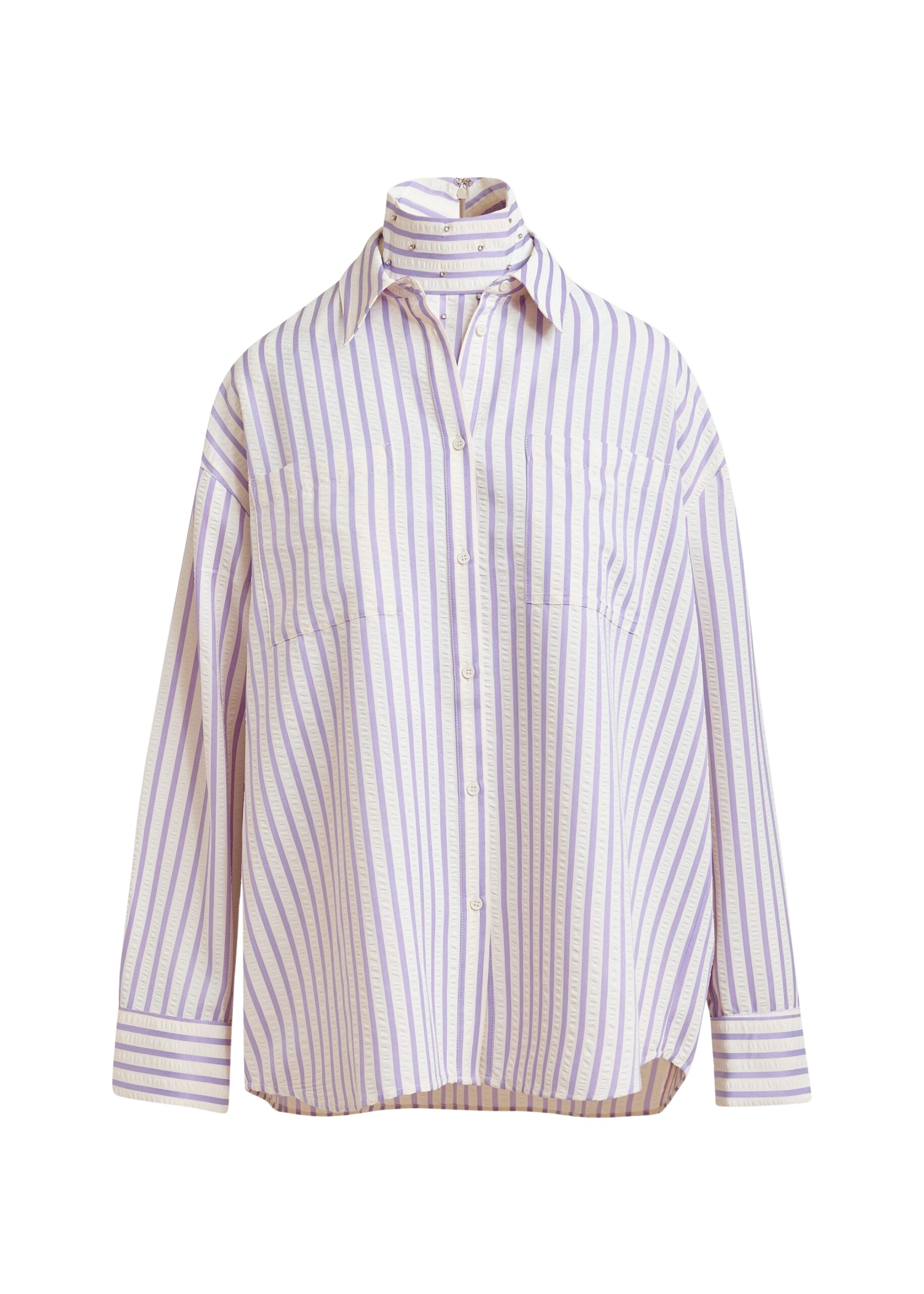 Essentiel Antwerp Purple and off-white oversized shirt with rhinestone embellishments and layered bib - Essentiel Antwerp Shirts - Colorful Belgian Design - Shop at Coveti