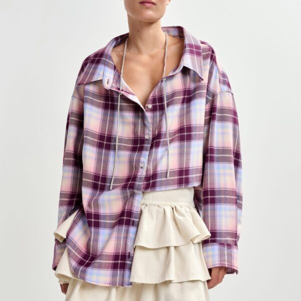 burgundy and light blue oversized plaid shirt with rhinestone chain - Essentiel Antwerp Shirts - Colorful Belgian Design - Shop at Coveti