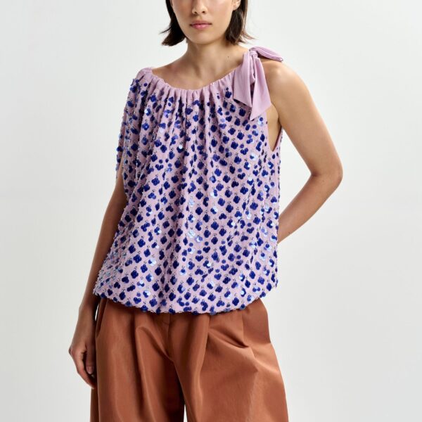 Essentiel Antwerp Purple sequin-embellished asymmetric top with neck-tie ribbon - Essentiel Antwerp Tops - Colorful Belgian Design - Shop at Coveti