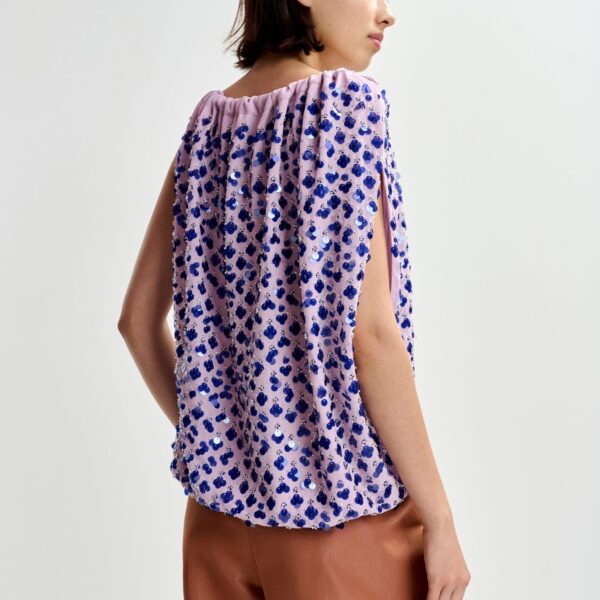 Essentiel Antwerp Purple sequin-embellished asymmetric top with neck-tie ribbon - Essentiel Antwerp Tops - Colorful Belgian Design - Shop at Coveti