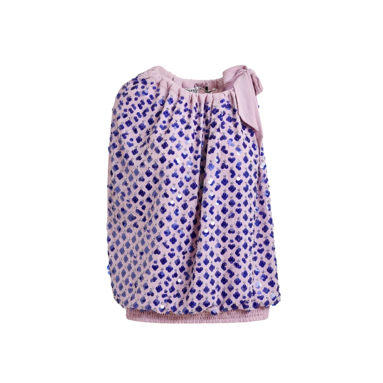 Essentiel Antwerp Purple sequin-embellished asymmetric top with neck-tie ribbon