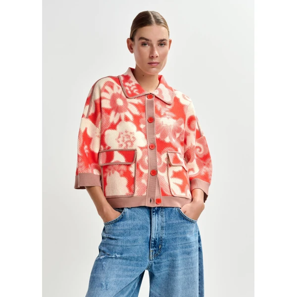 Essentiel Antwerp Red and off-white floral-print knit cardigan with brown contrasting trims, view 2