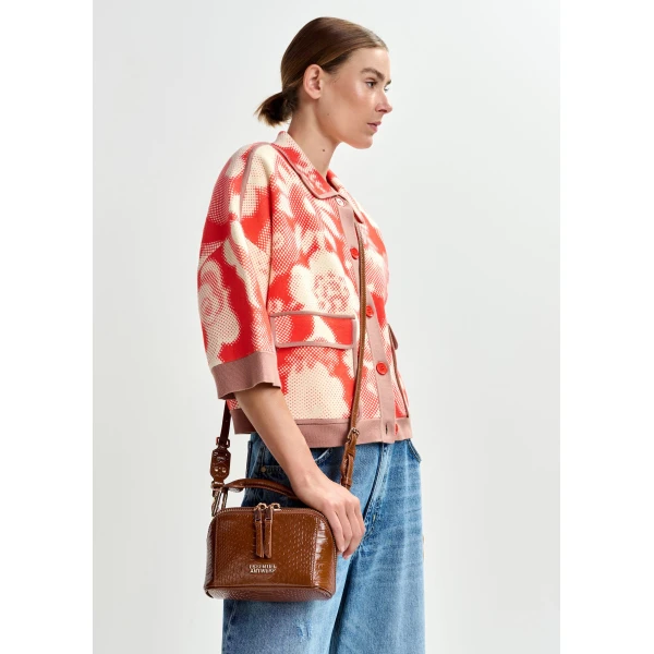 Essentiel Antwerp Red and off-white floral-print knit cardigan with brown contrasting trims, view 3