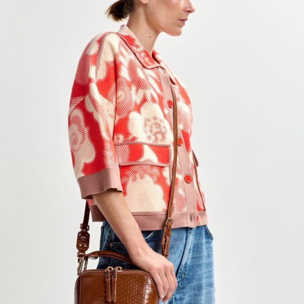 Essentiel Antwerp Red and off-white floral-print knit cardigan with brown contrasting trims - Essentiel Antwerp Knitwear - Colorful Belgian Design - Shop at Coveti