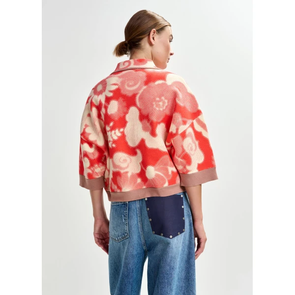 Essentiel Antwerp Red and off-white floral-print knit cardigan with brown contrasting trims, view 4