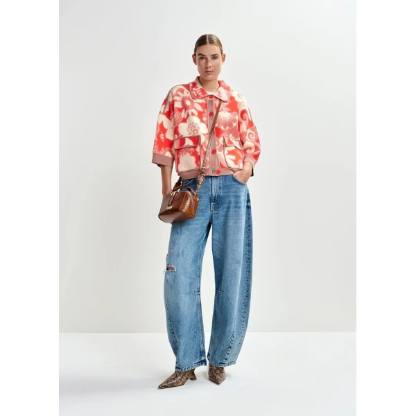 Essentiel Antwerp Red and off-white floral-print knit cardigan with brown contrasting trims, view 5