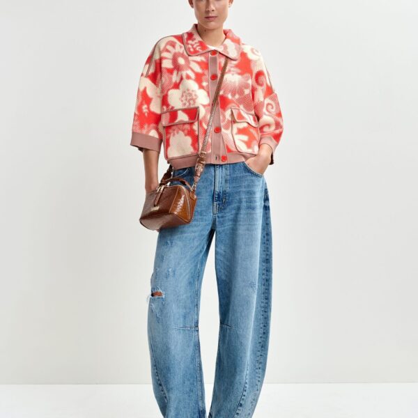 Essentiel Antwerp Red and off-white floral-print knit cardigan with brown contrasting trims - Essentiel Antwerp Knitwear - Colorful Belgian Design - Shop at Coveti