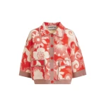 Essentiel Antwerp Red and off-white floral-print knit cardigan with brown contrasting trims - Essentiel Antwerp Knitwear - Colorful Belgian Design - Shop at Coveti