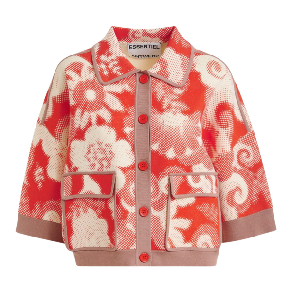 Essentiel Antwerp Red and off-white floral-print knit cardigan with brown contrasting trims - Essentiel Antwerp Knitwear - Colorful Belgian Design - Shop at Coveti