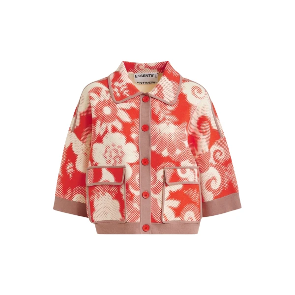 Essentiel Antwerp Red and off-white floral-print knit cardigan with brown contrasting trims - Essentiel Antwerp Knitwear - Colorful Belgian Design - Shop at Coveti