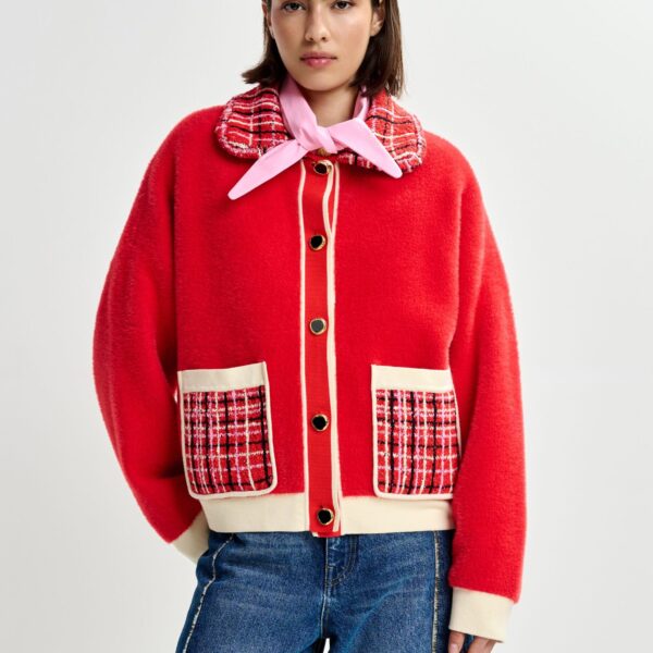 Essentiel Antwerp Red and off-white textured cardigan with contrast pink and black tweed collar and patch pockets - Essentiel Antwerp Knitwear - Colorful Belgian Design - Shop at Coveti